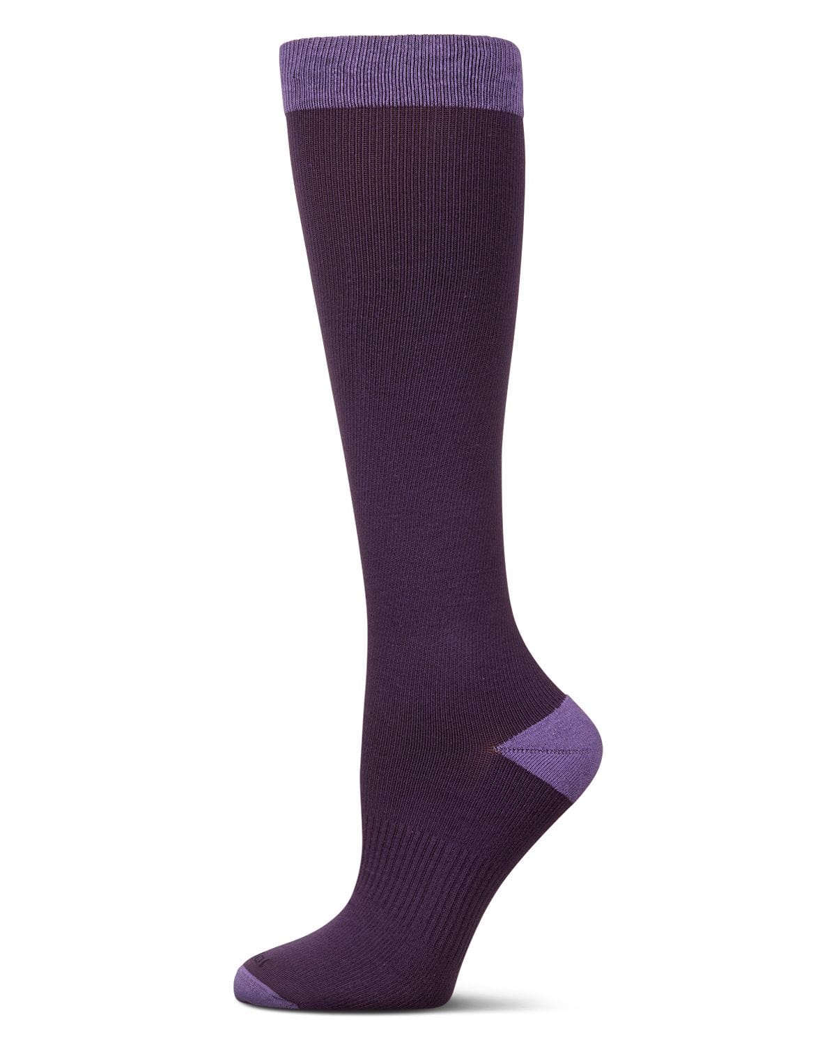 Purple knee-high sock with a white background