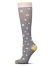 Gray knee-high sock with white daisy pattern on a white background