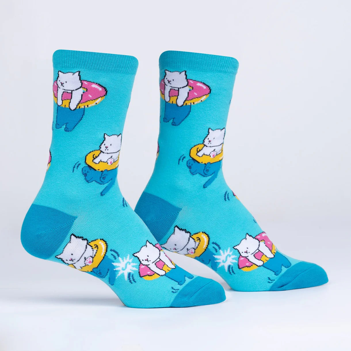 Turquoise socks with cartoon cat with swim ring