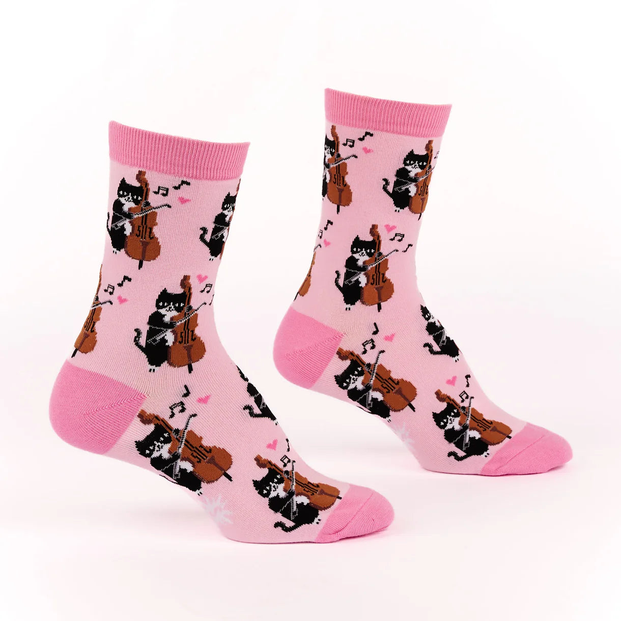 Pink socks with black cats playing violins and musical notes on a white background