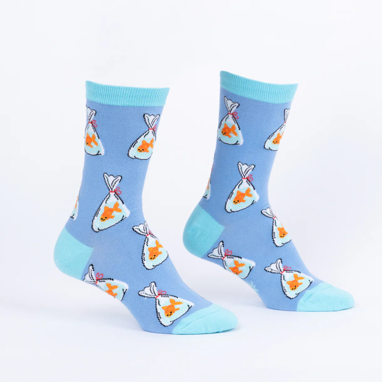 Pair of socks with a gold fish pattern on a light blue background