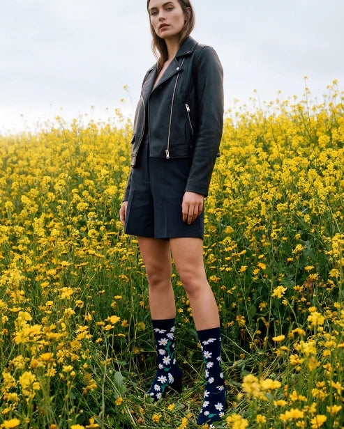 Daisies on Navy Women's Bamboo Crew Socks