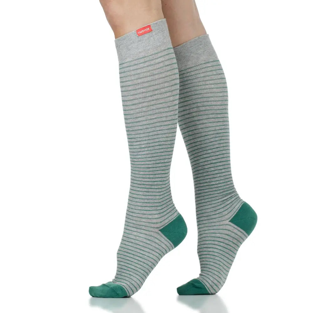 Wide Calf Pinstripe Grey and Green Cotton Moderate Compression Knee Highs