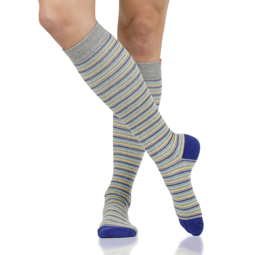 Pinstripe Grey, Blue, Yellow Cotton Compression Knee Highs - Wide Calf