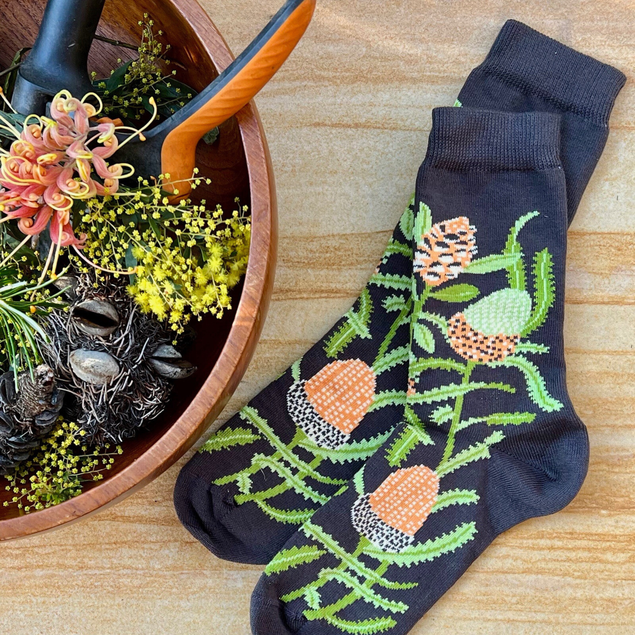 picture of banksia socks beside australian flowers - The Sockery 