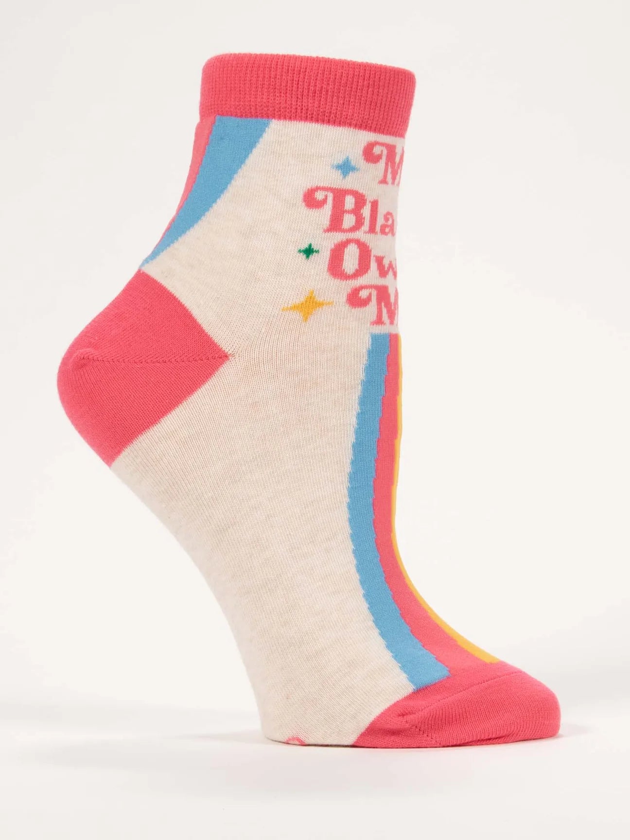 Beige sock with pink accents and colorful text on a white background