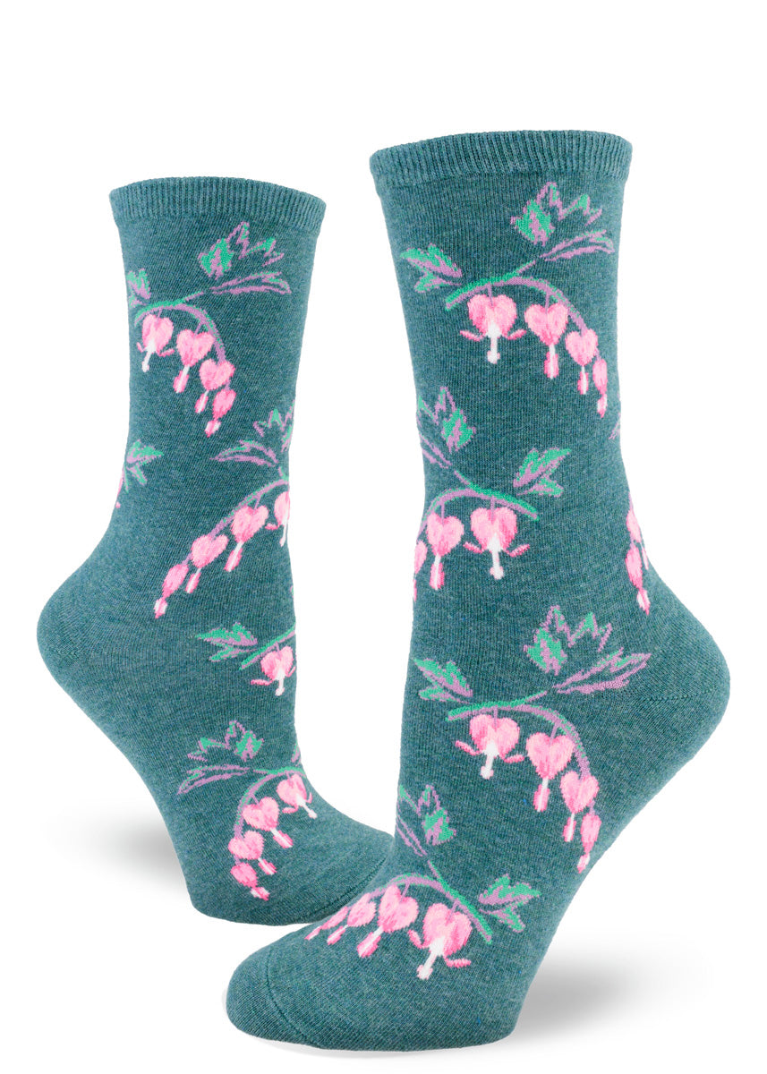 Bleeding Heart Flower Women's Crew Sock in Heather Sea