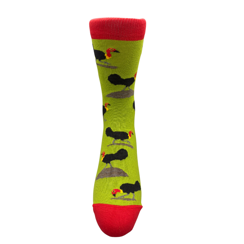 Green sock with a brush turkey with red accents.