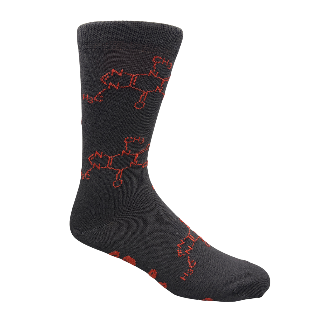 Black sock with brown molecular structure of caffeine design