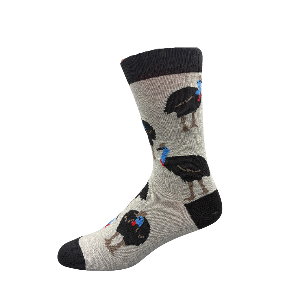 Sock with cassowary design on a grey background - The Sockery