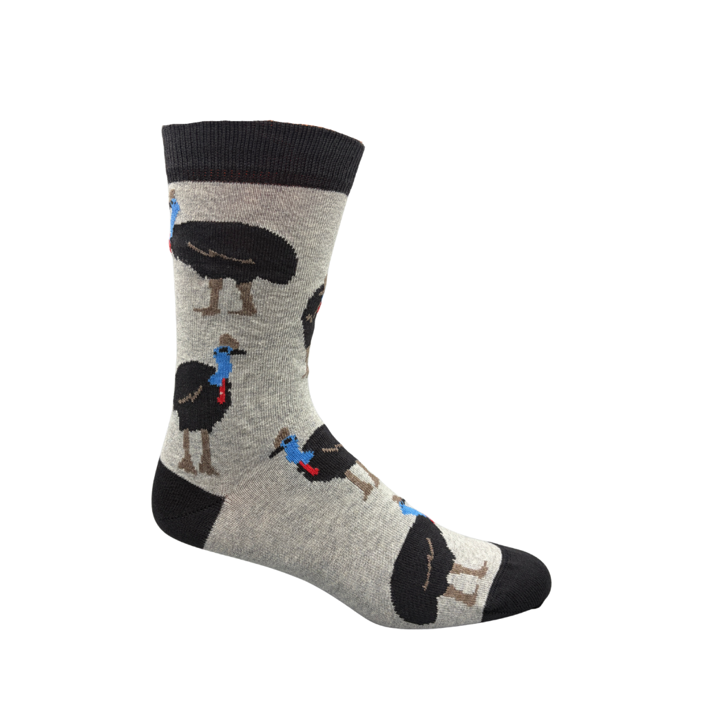 Sock with cassowary design on a grey background - The Sockery
