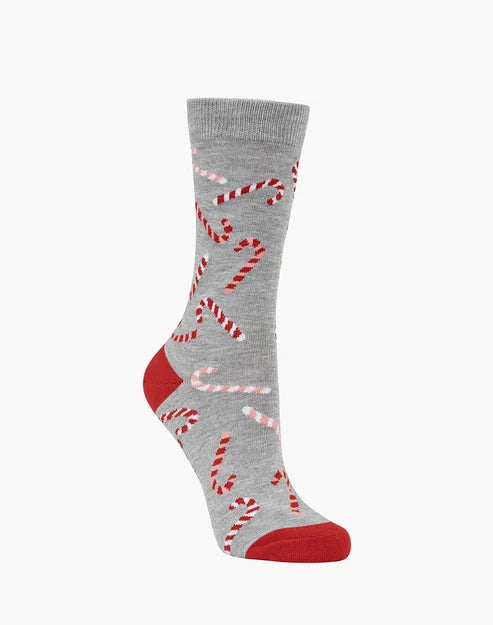 A single crew sock in heather gray with a red and white candy cane pattern, featuring solid red heels, toes, and cuff, shown on a plain light gray background.