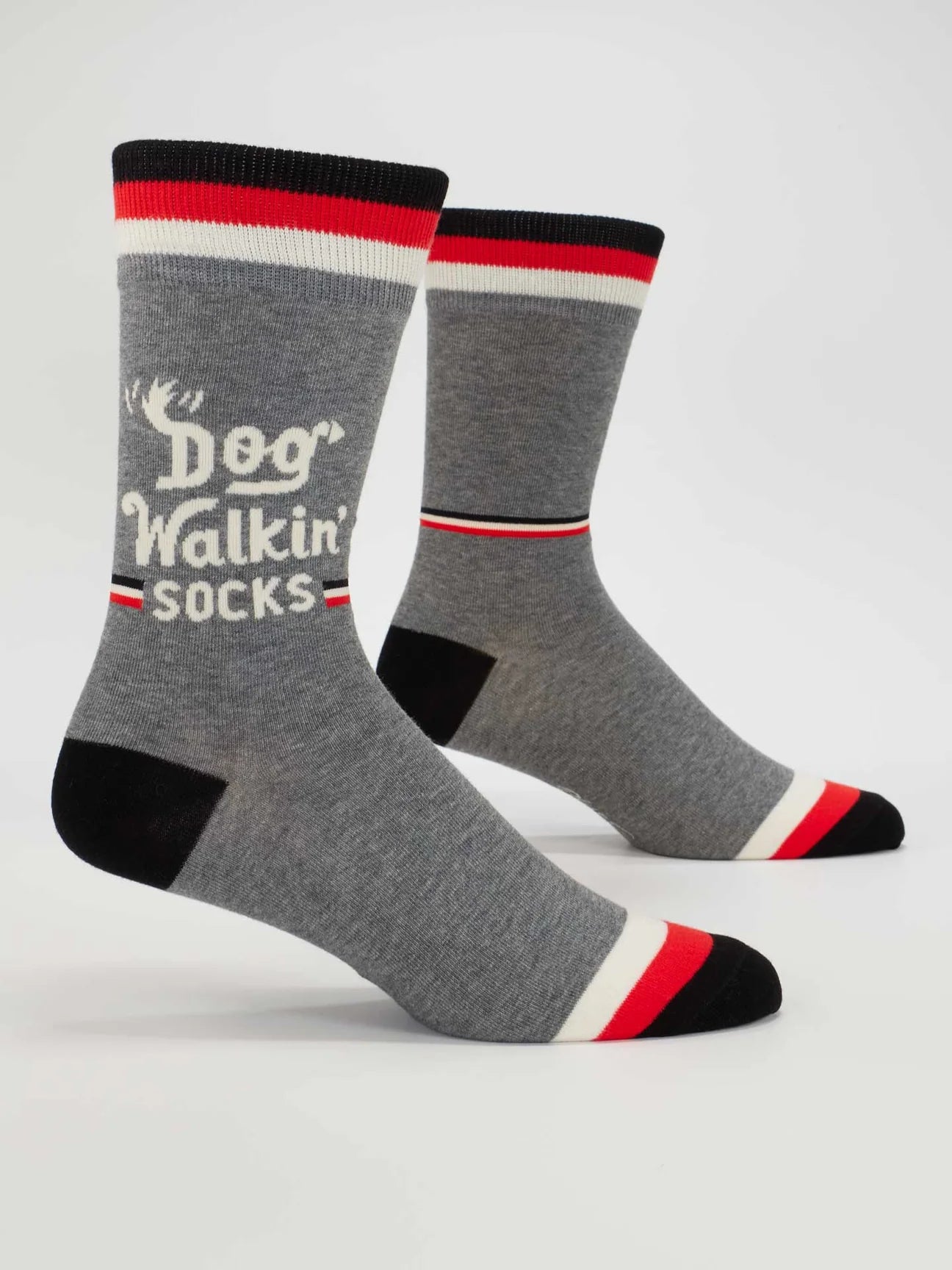 Gray socks with red and black accents and 'Dog Walking Socks' text on a white background