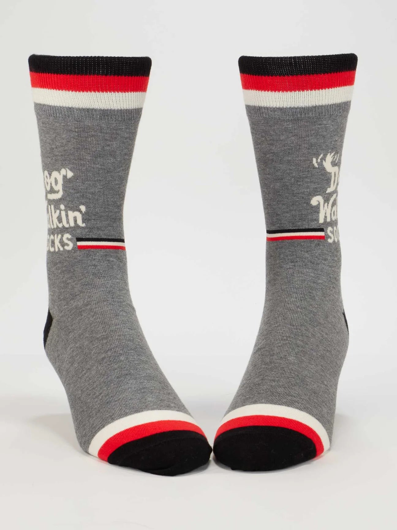 Gray socks with red and white accents on a white background