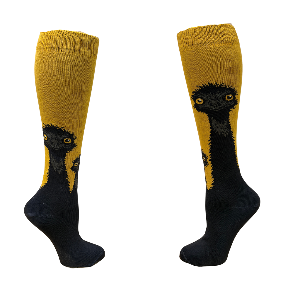Knee-high socks with emu design on a white background