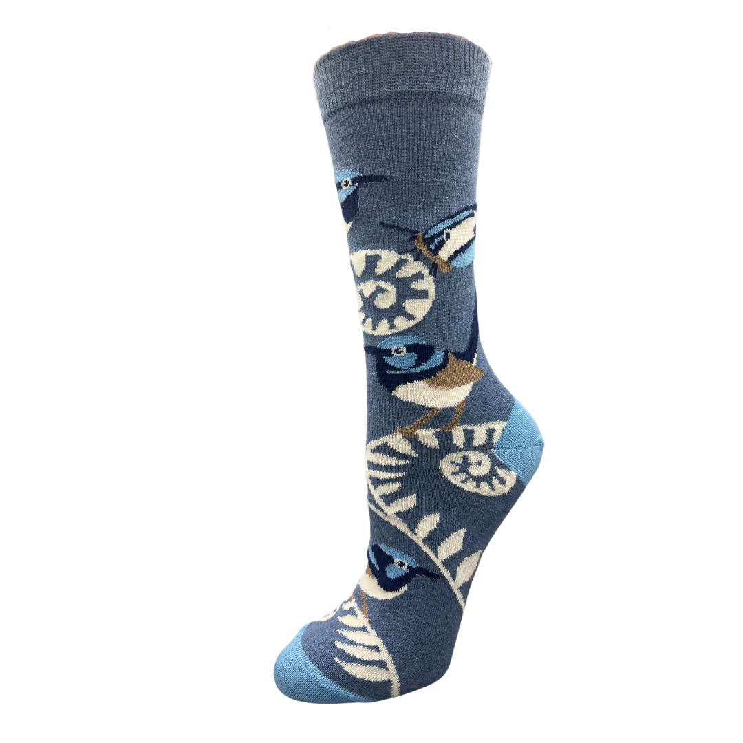 Australian blue fairy wren on a blue sock - The Sockery