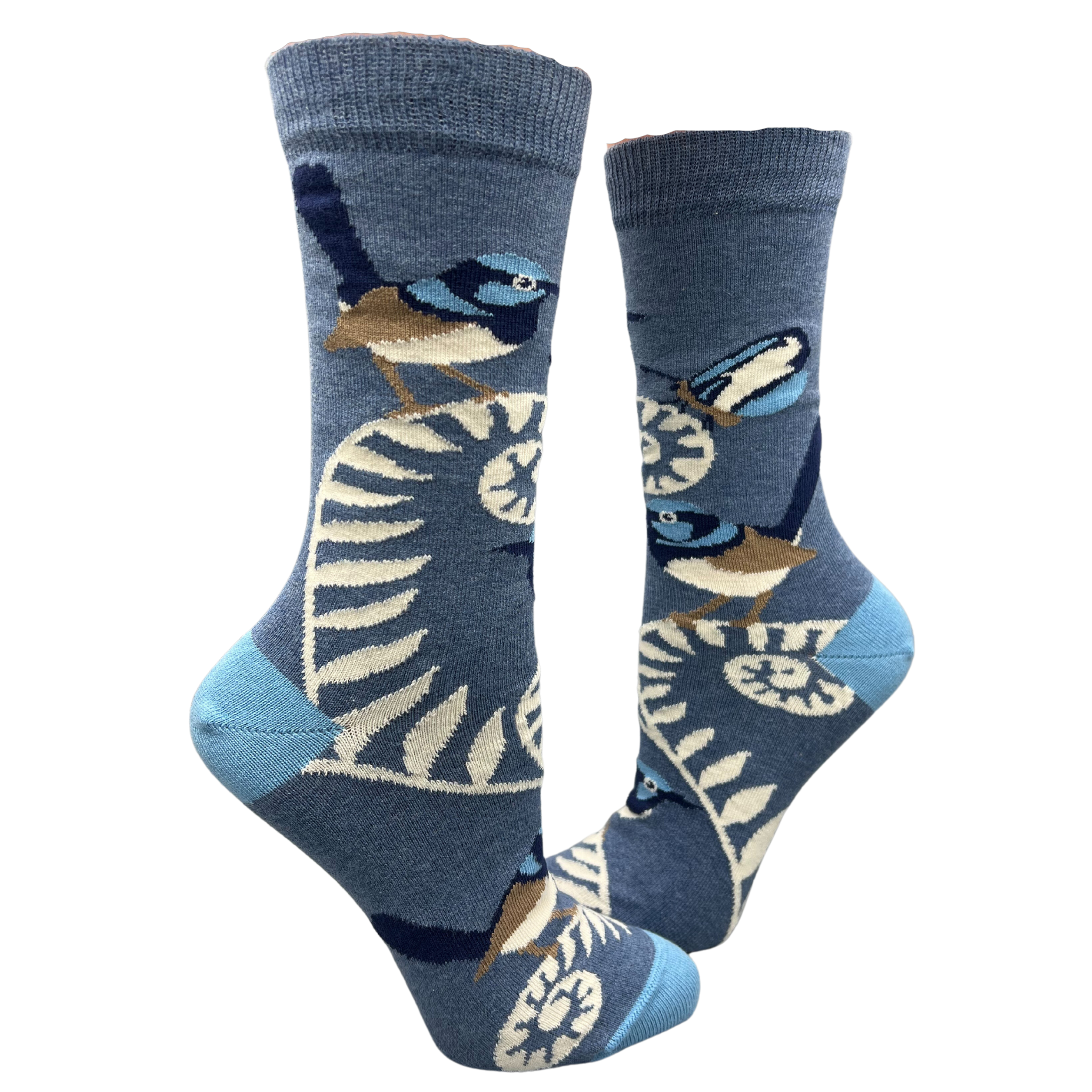 Australian blue fairy wren on a blue sock - The Sockery