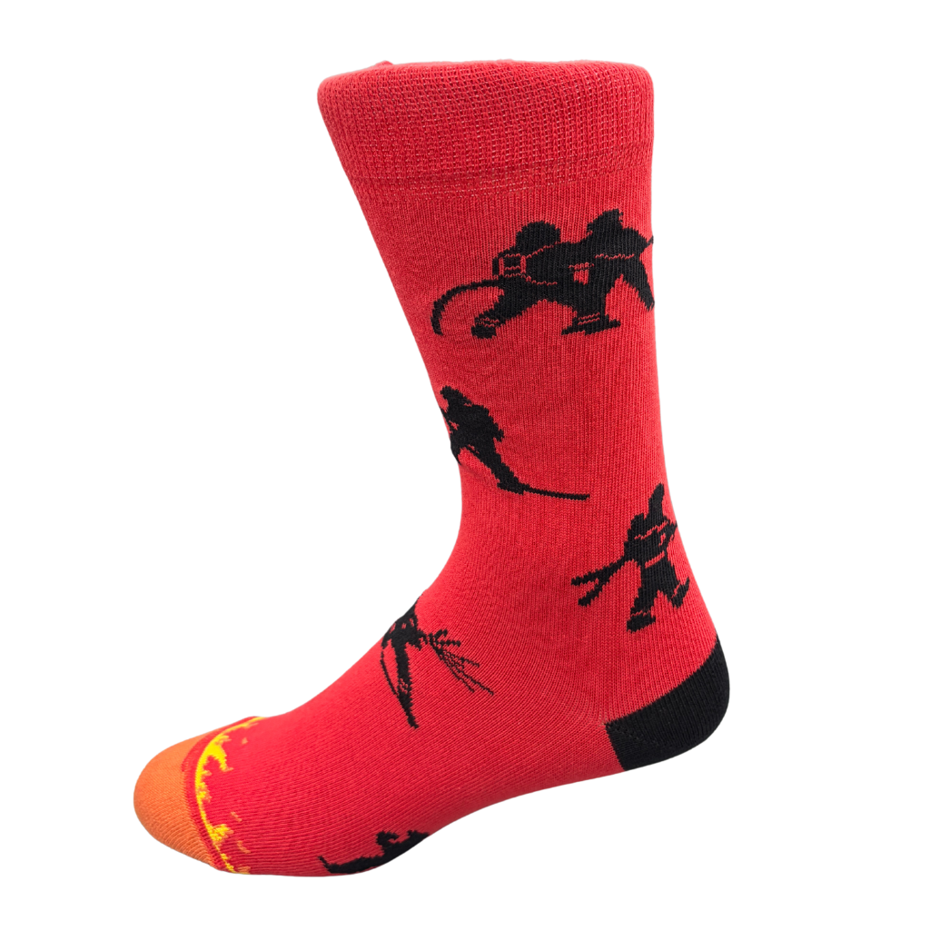 Red sock with black graphic design of fire fighters