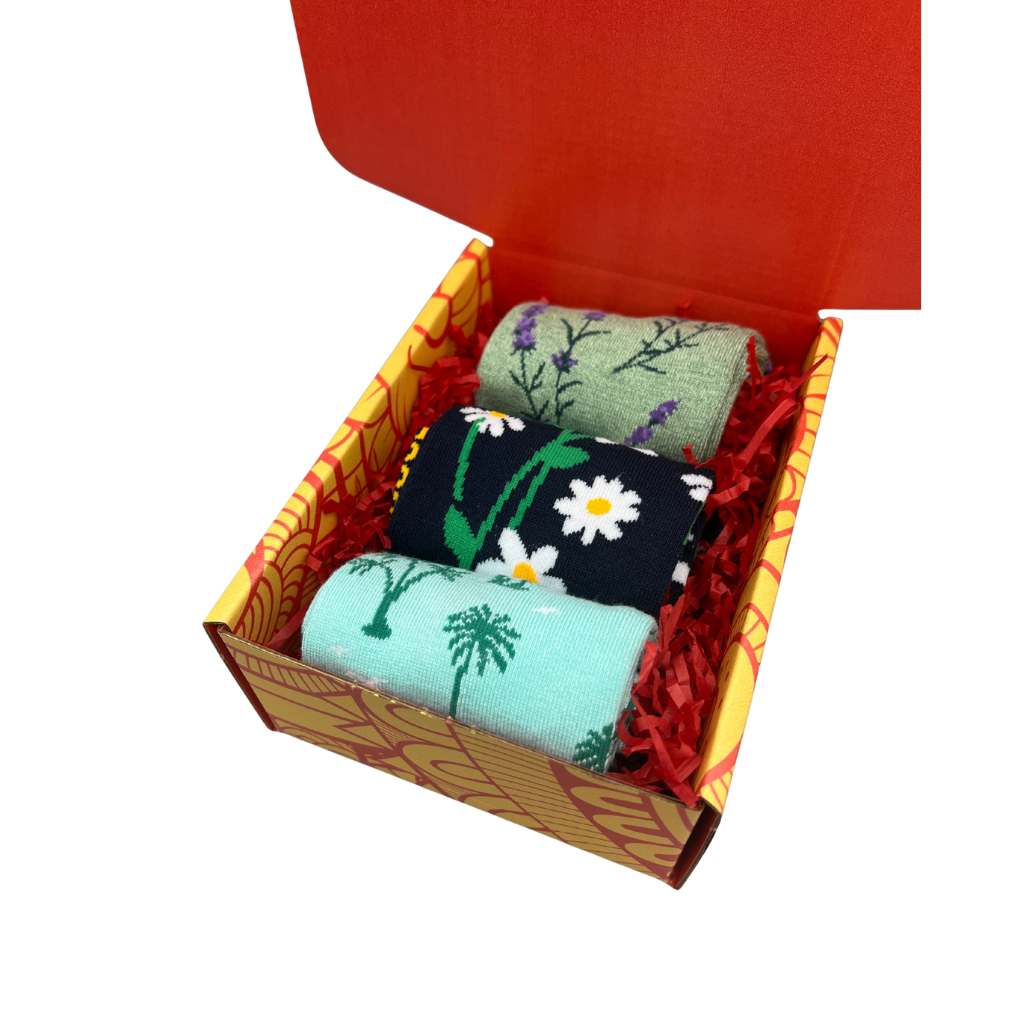 Set of three socks with floral designs in a decorative box