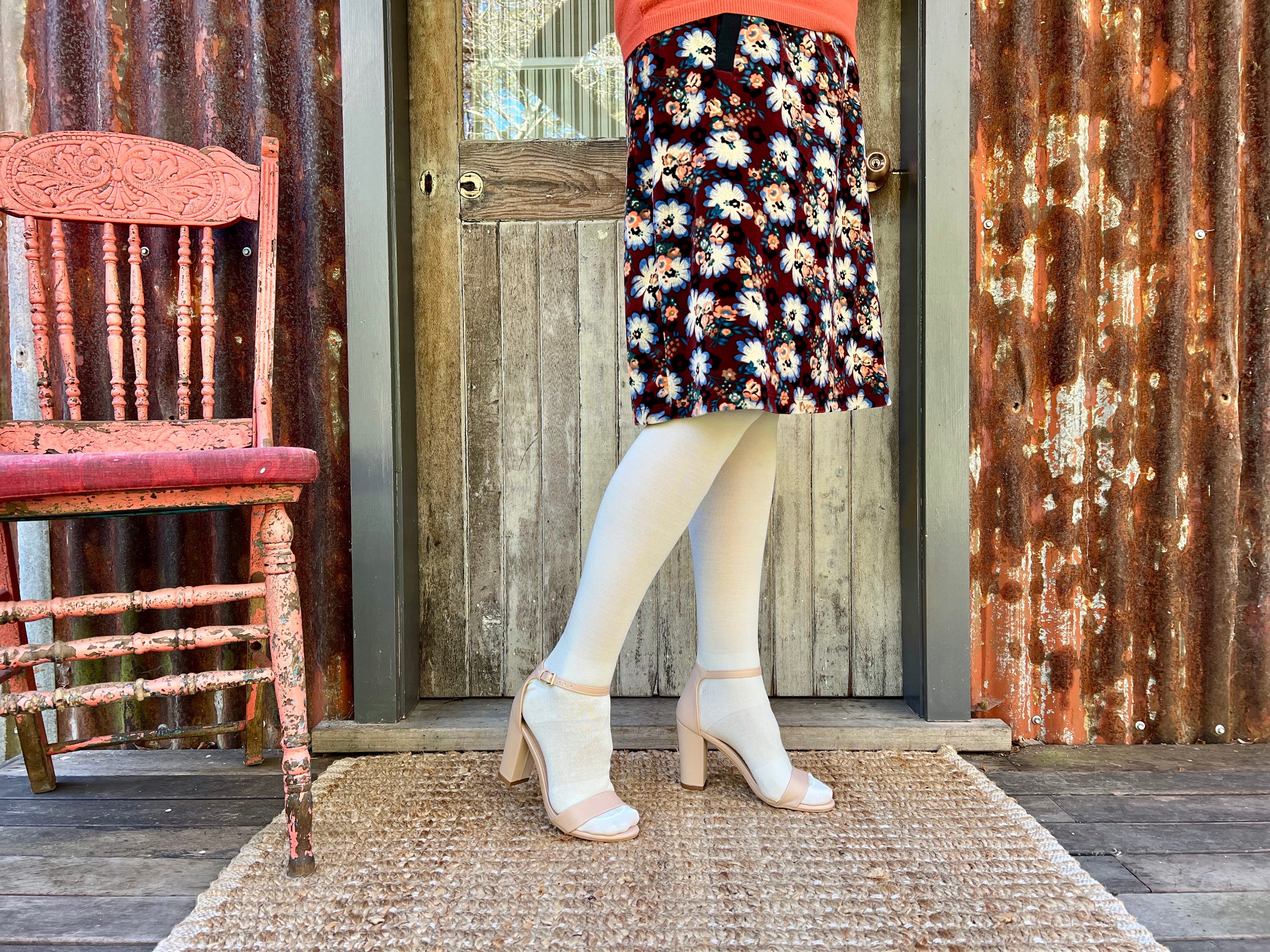 woman wearing natural coloured knee highs The Sockery