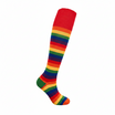 A pair of knee high socks with colorful rainbow stripes.