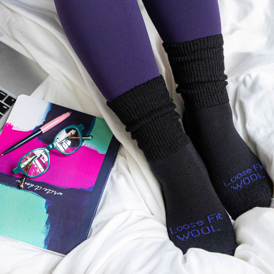 Loose Fit Marled Merino Wool Crew Socks in Solid Black - The Sockery