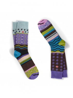 Two pairs of colorful patterned socks on a white background