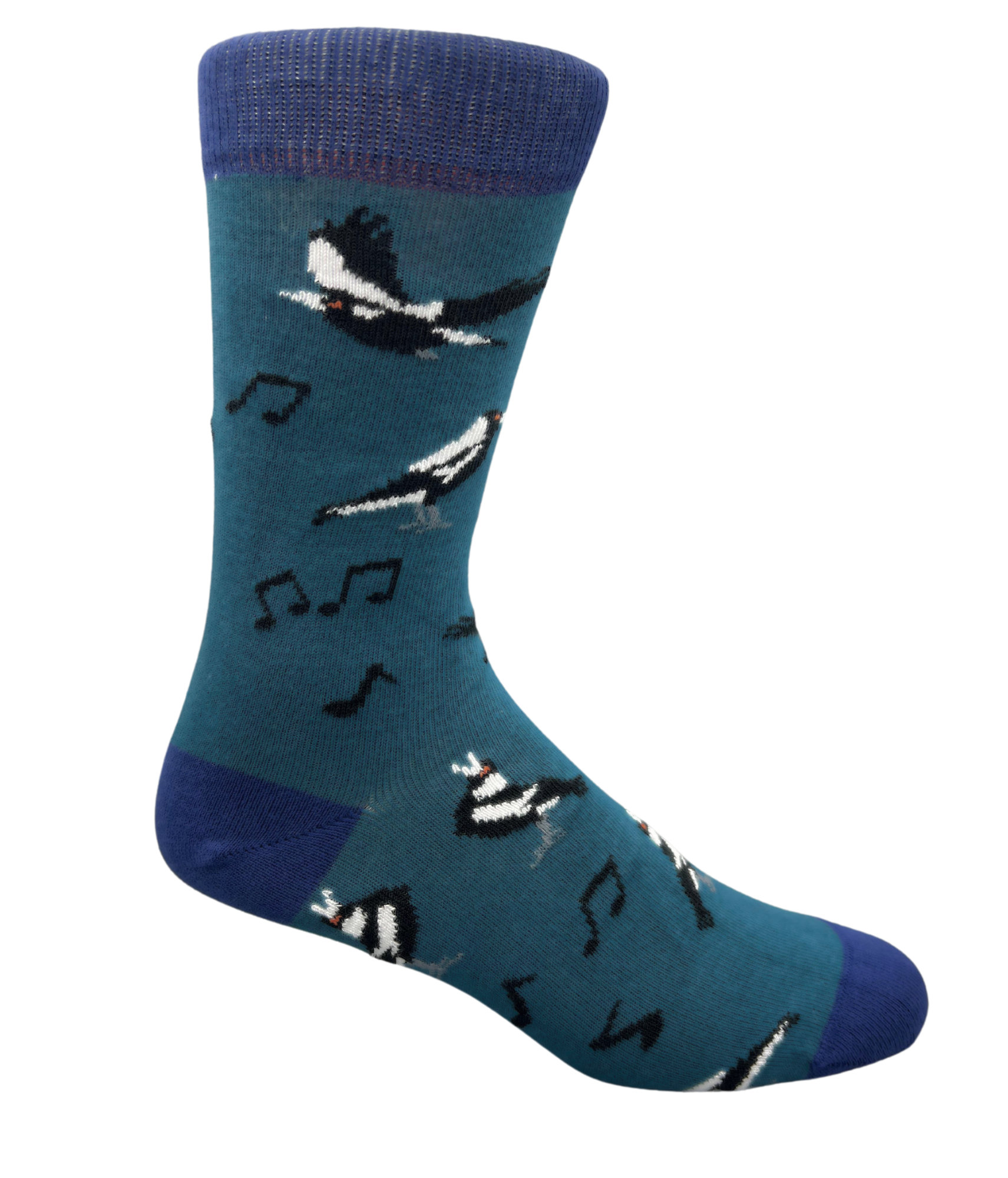magpie birds on a petrol blue sock - The Sockery