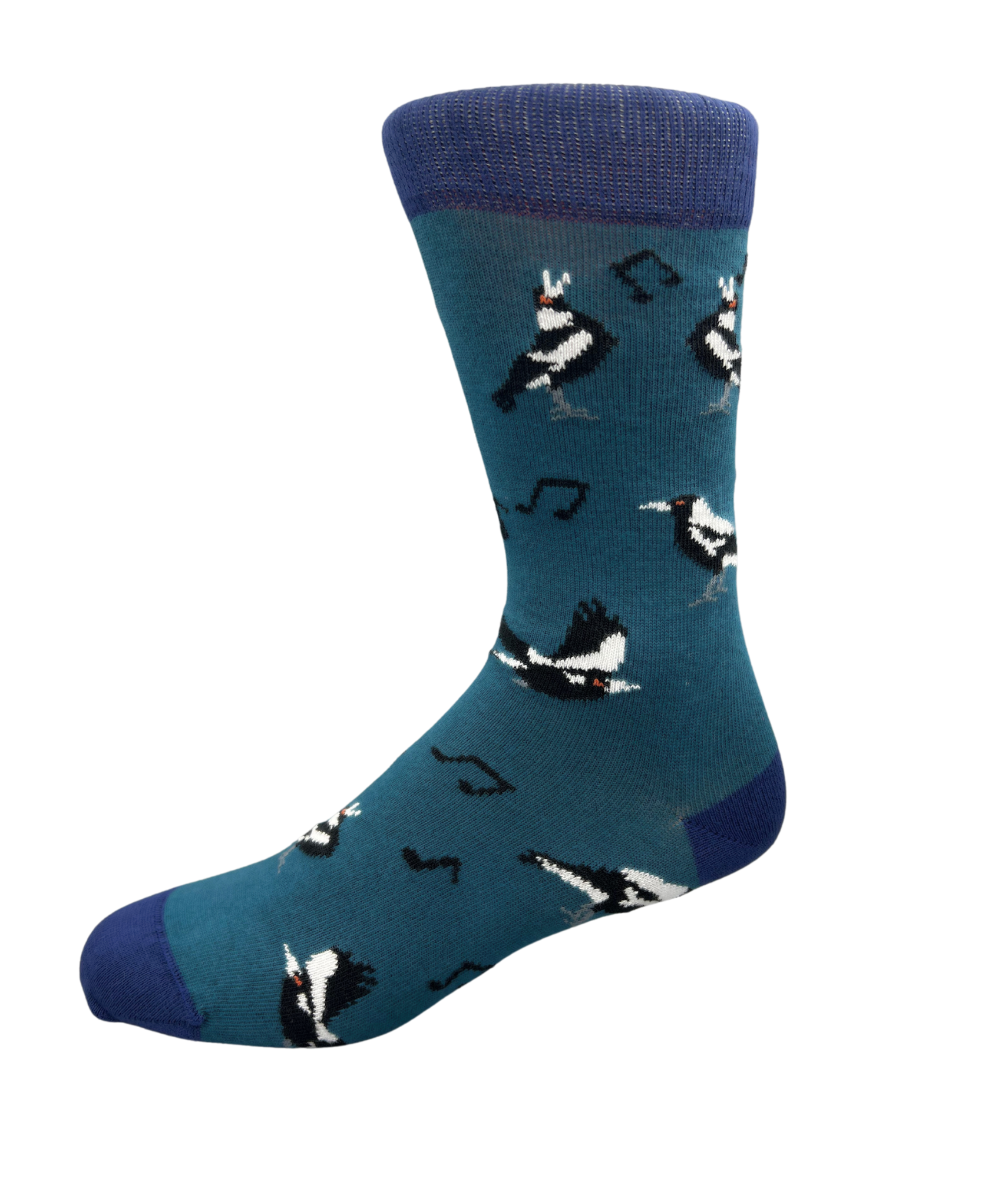 magpie birds on a petrol blue sock - The Sockery