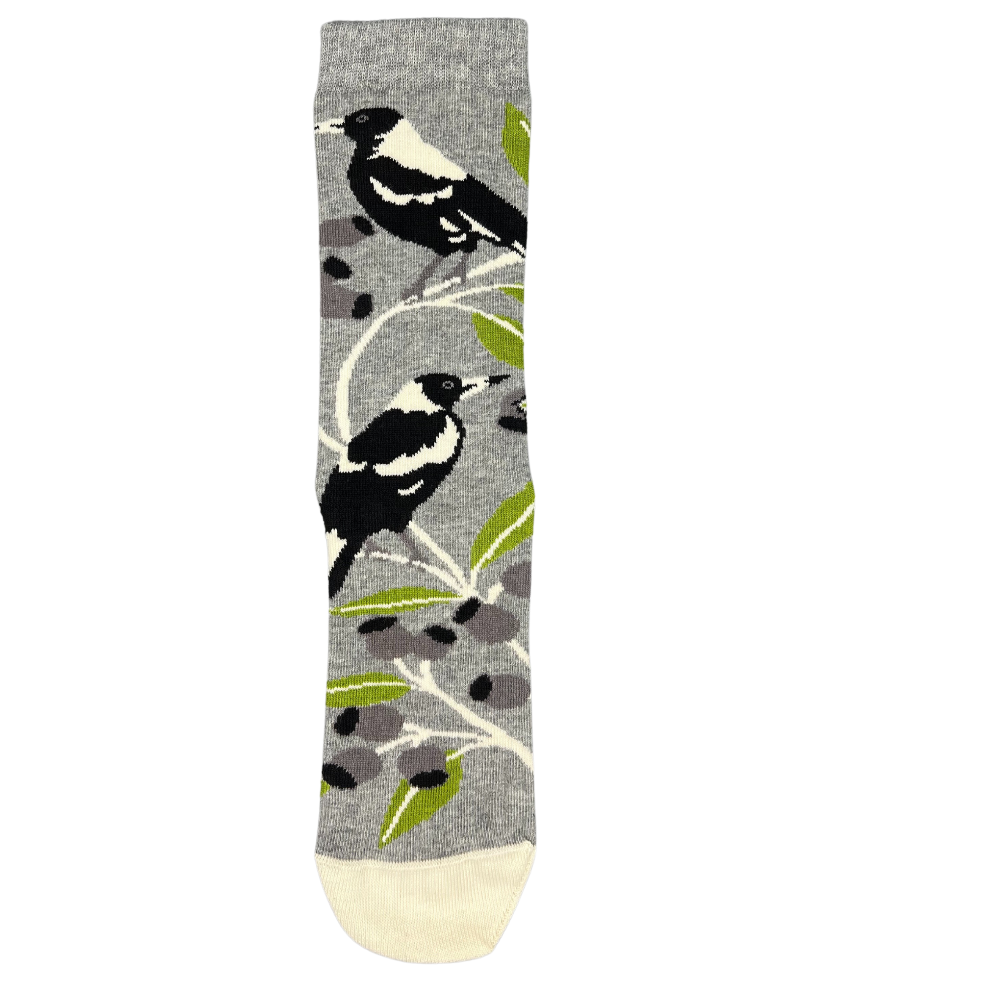 Two Australian Magpies on a light grey sock - The Sockery