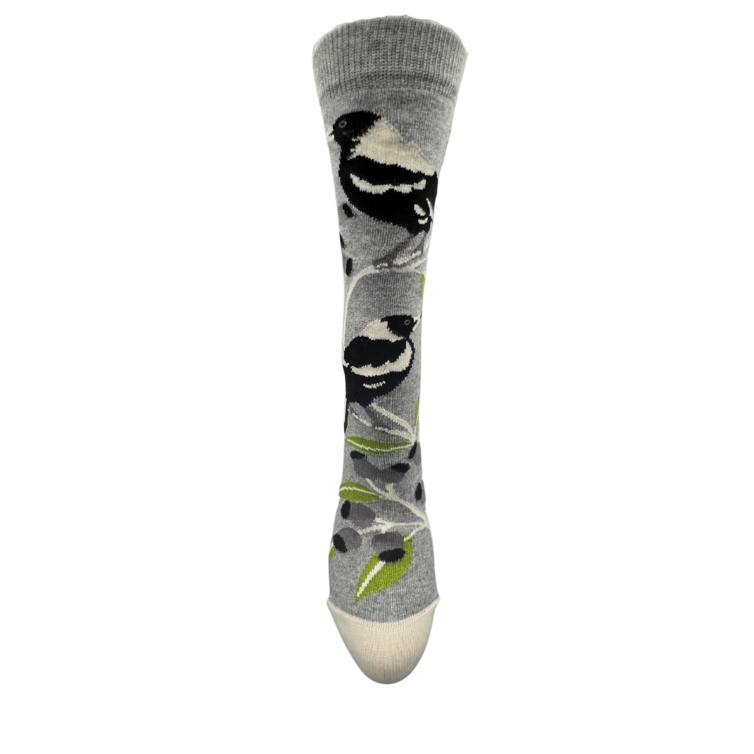 Two Australian Magpies on a light grey sock - The Sockery
