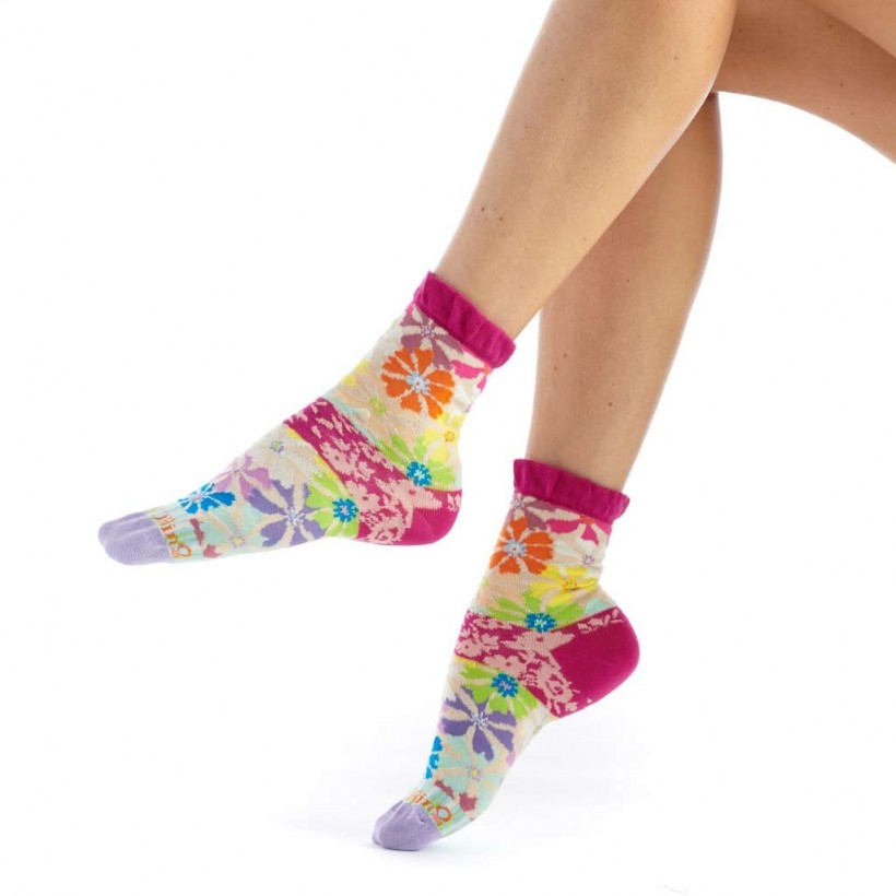 Colorful floral-patterned socks on a white background