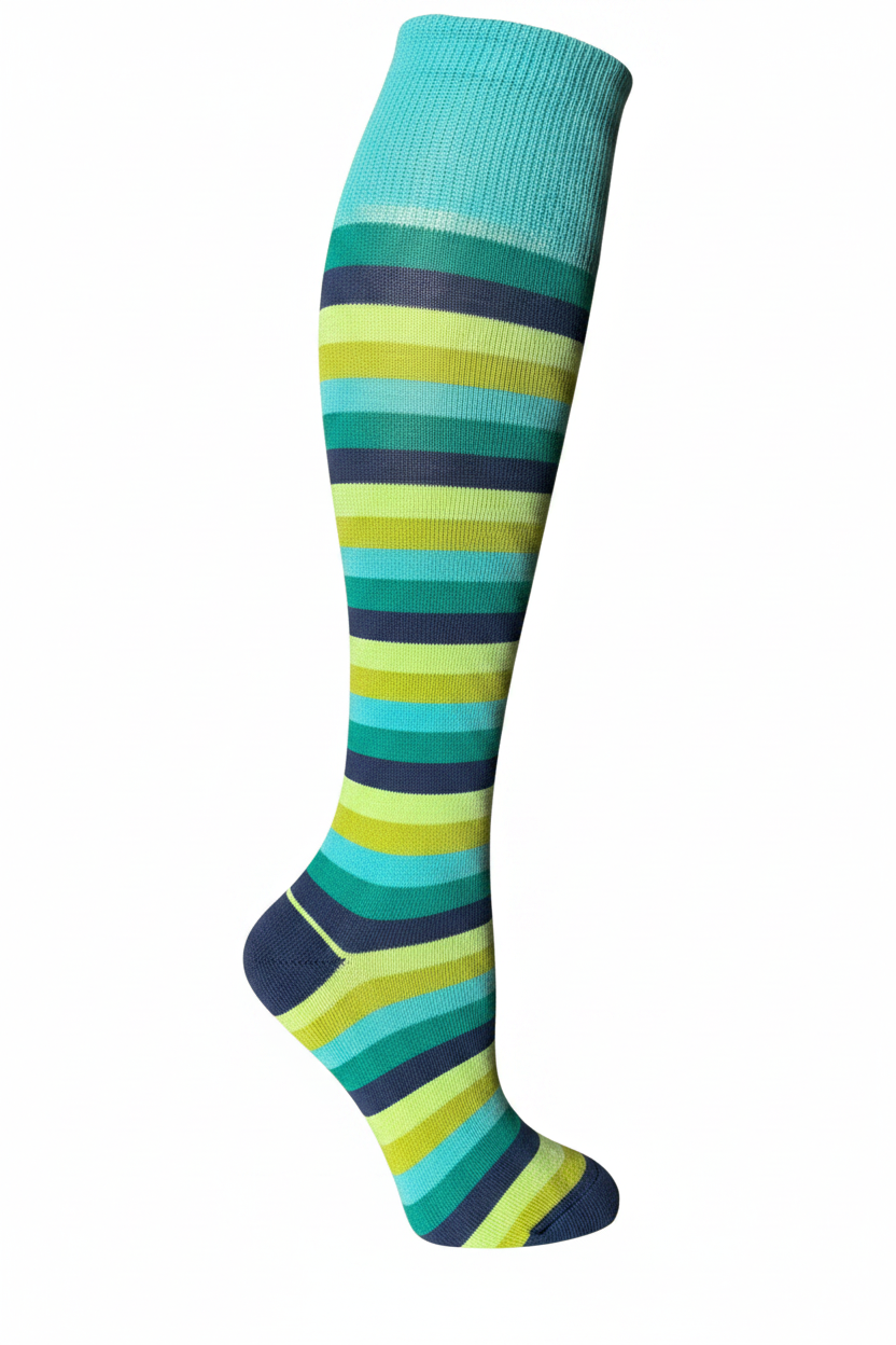 Colorful striped knee-high sock on a white background