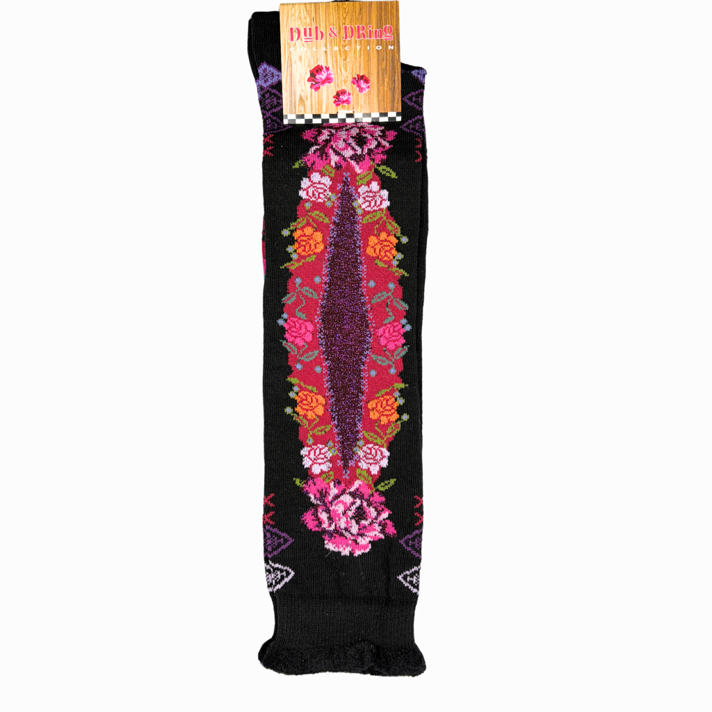 A single black crew sock with a vibrant, colorful embroidered floral and geometric pattern down the center, shown with its wooden hanger tag against a plain white background.