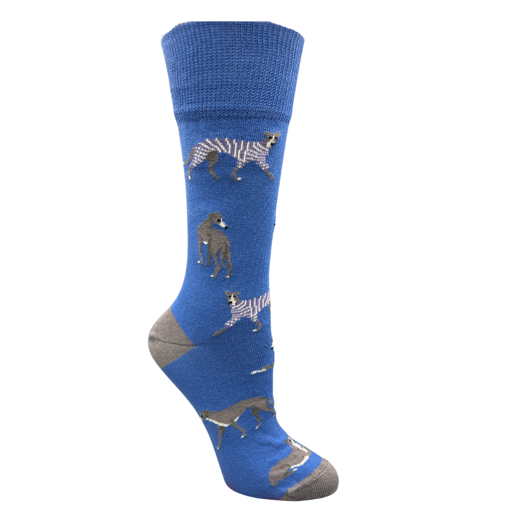 A single blue crew sock with knitted animal prints of greyhounds and whippets in gray, brown, and white, shown on a plain white background.