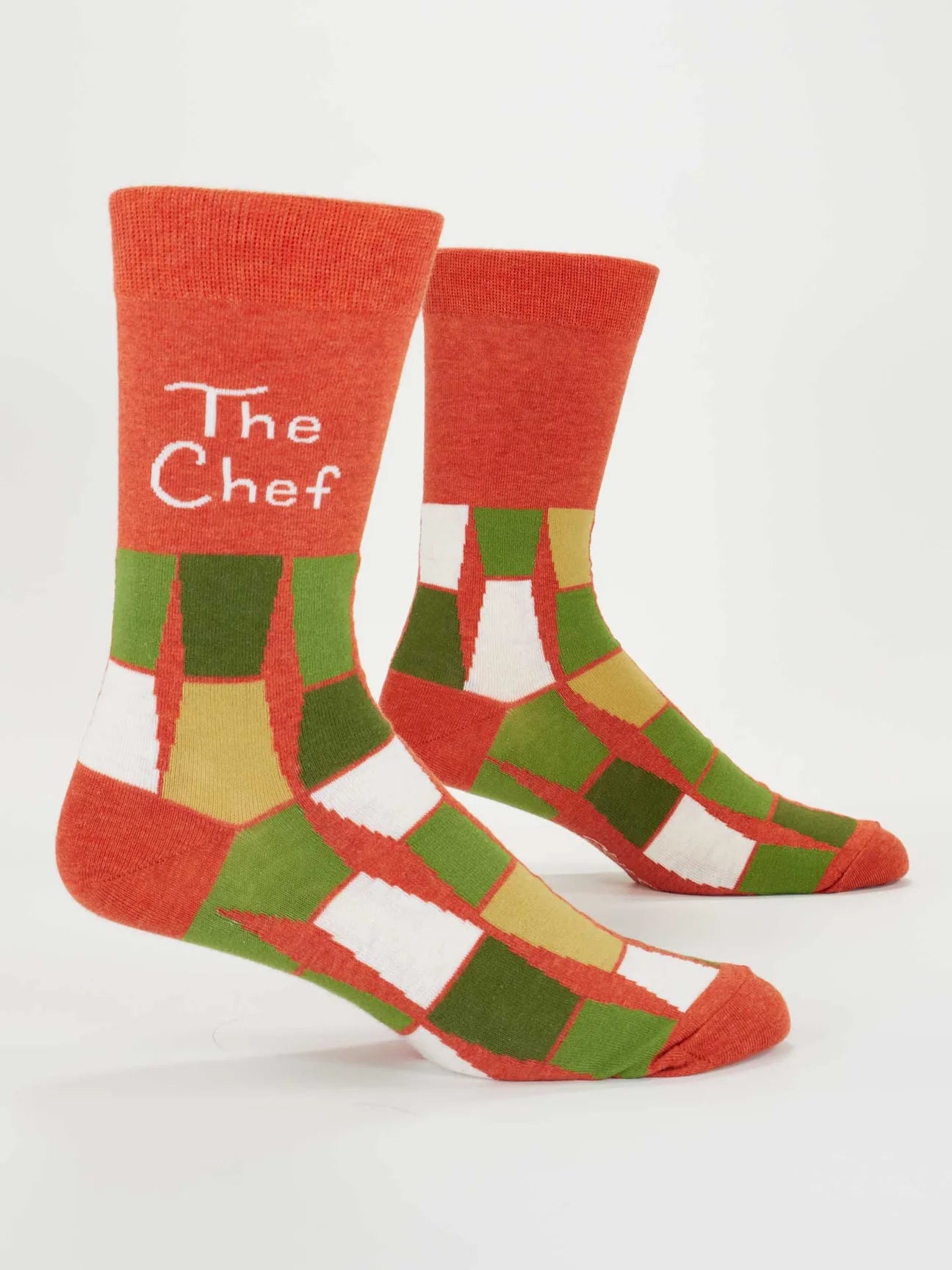 Colorful socks with geometric pattern and 'The Chef' text on a white background
