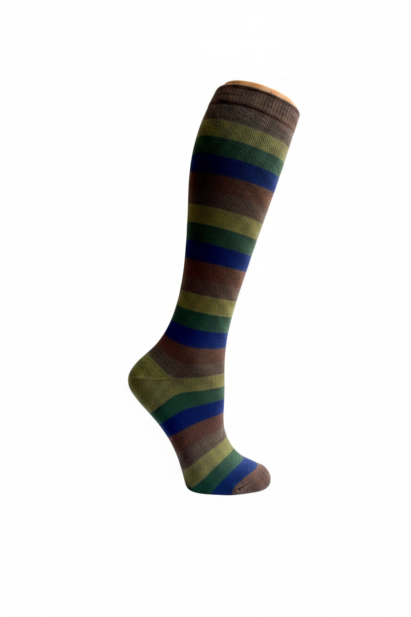 Knee-high sock with multicolor striped pattern on a white background