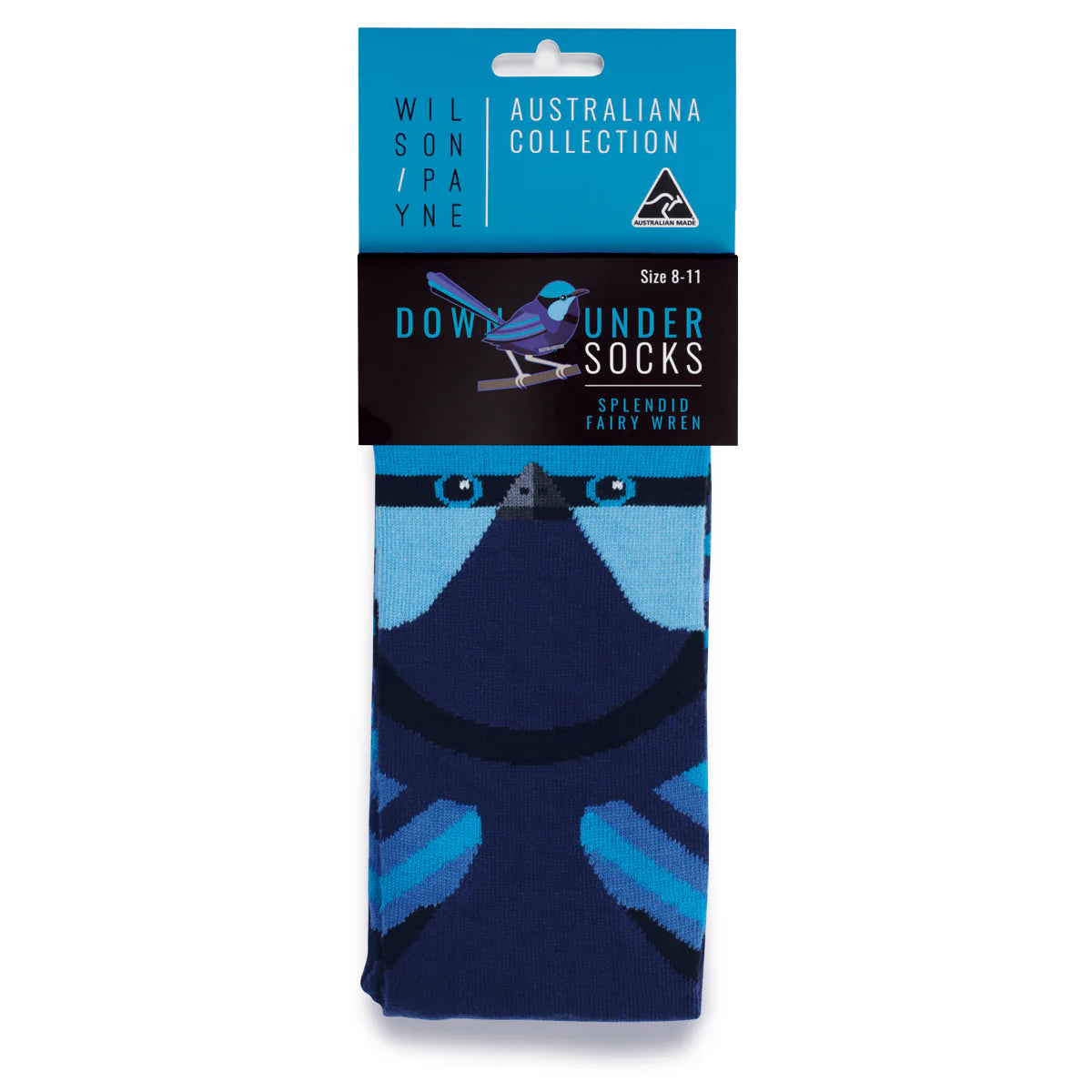 blue sock depicting the superb fairy wren - The Sockery