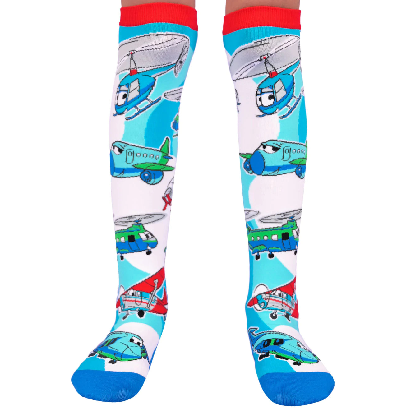 Knee high socks with aeroplanes and helicopters with faces. The top of the sock is orange, and the toe blue - The Sockery