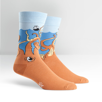 mens novelty crew sock with a boat in a stormy sea and a giant squid