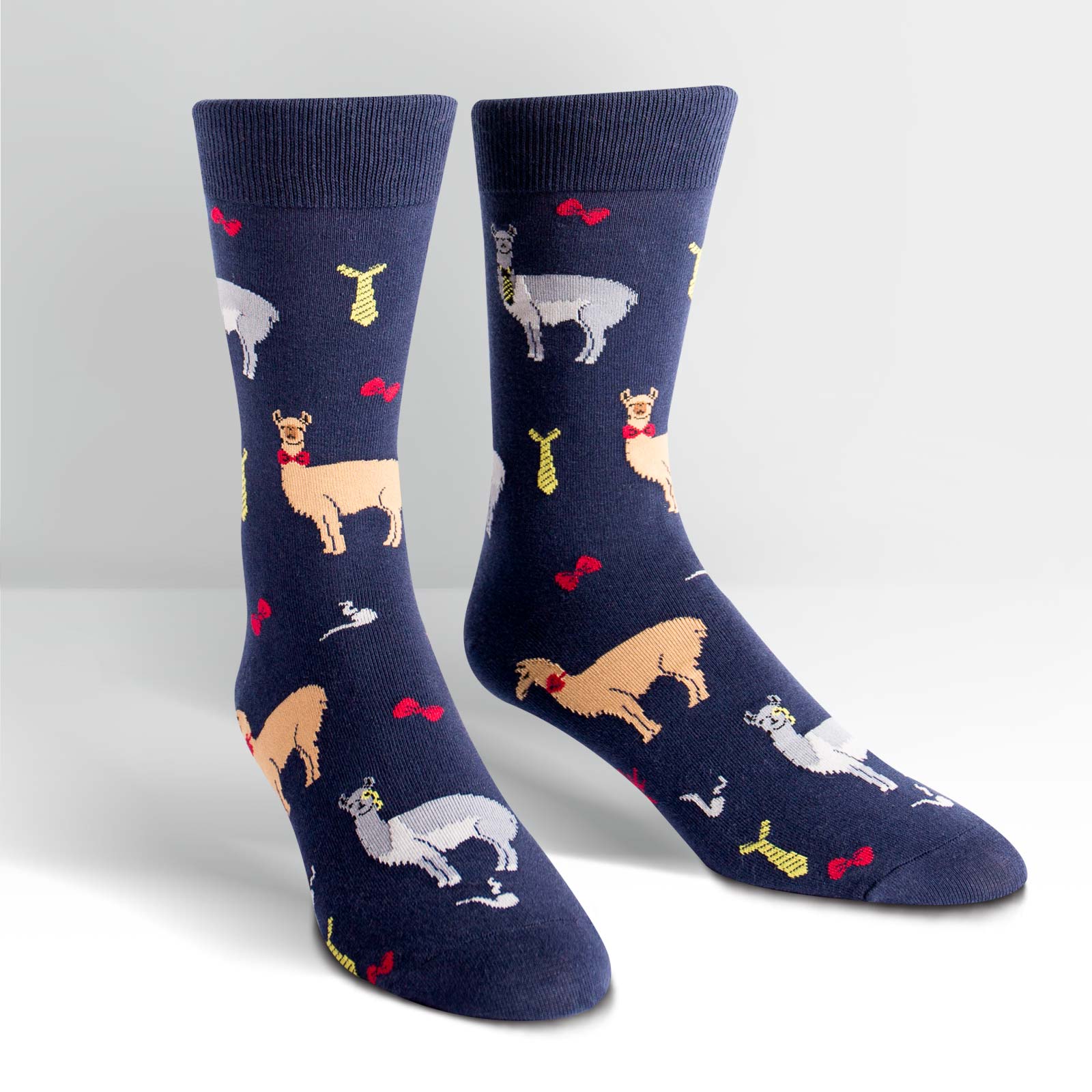 llamas dressed in ties on a blue mens crew sock