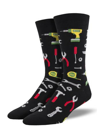 black mens crew sock with various trade tools design