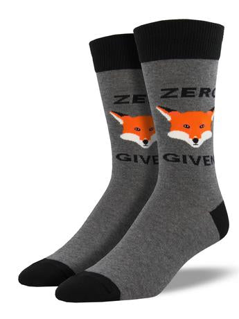 mens novelty grey sock with a a red foxes head and the words zero fox given on the side of the sock