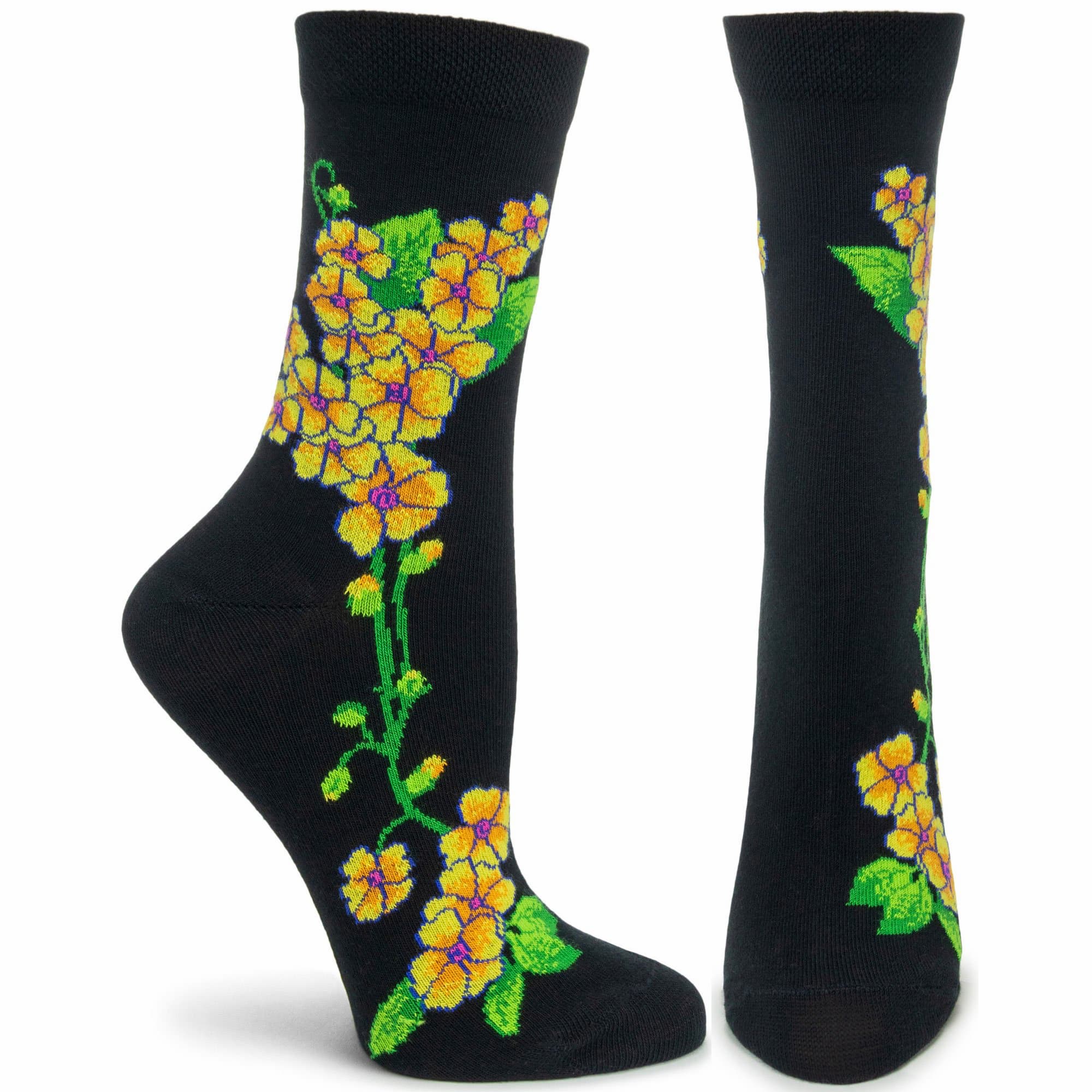 black womens crew socks with yellow primroses
