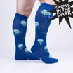 Person wearing blue knee high socks with grey jelly fish with turquoise highlights - The Sockery