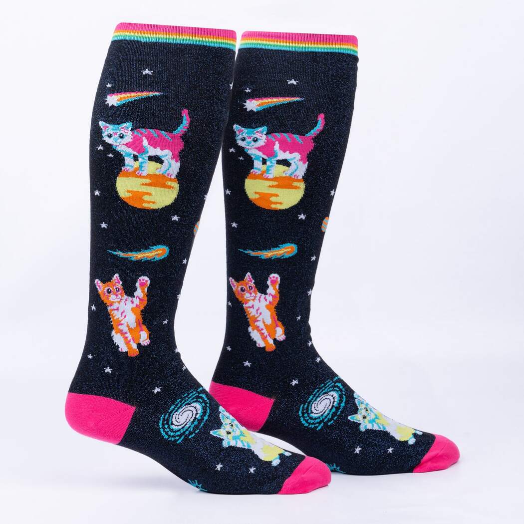 Shimmering Space Cats Knee High Sock Extra Stretchy for Wide Calves - The Sockery