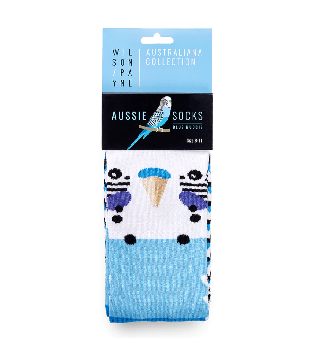 Pair of blue budgie socks in their packaging