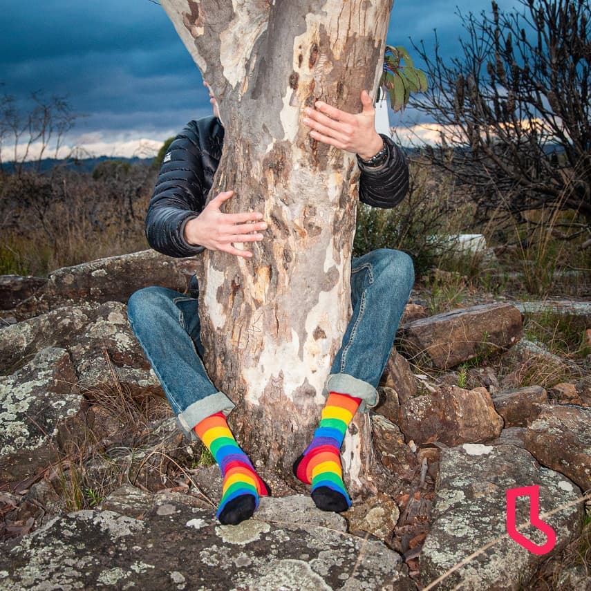 person hugging a tree with rainbow coloured socks in view