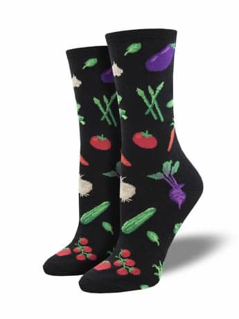 Black women's crew sock with carrots, tomatoes, asparagus, beetroot, spinach and garlic.