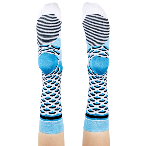 pair of feet wearing blue budgie socks - The Sockery